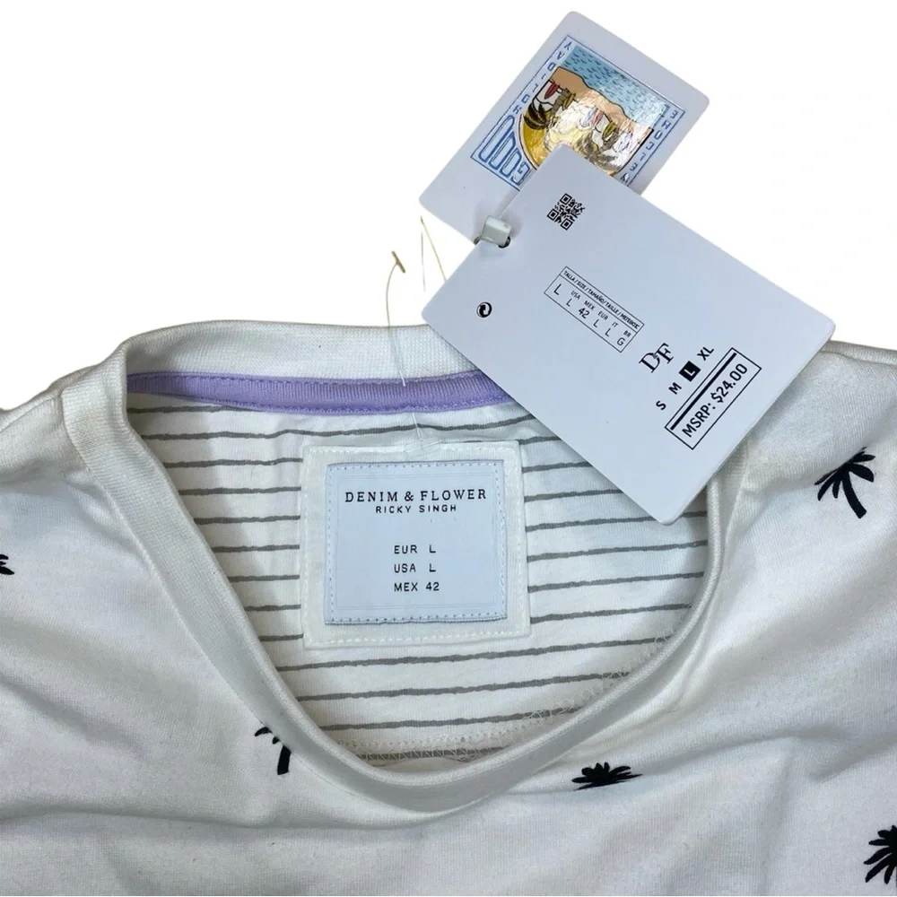 Denim & Flower Ricky Singh White Palm Tree Pattern Men’s‎ Tshirt Sz L